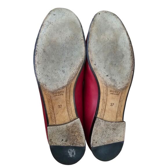 Gucci Jordaan Horsebit Flat Slip On Loafer Red Leather Gold Buckle Size 37 US 7 - Picture 9 of 11